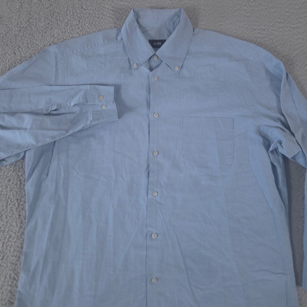 Hugo Boss Shirt Mens 16 32/33 Micro Check Cotton Button Down Pocket Long Sleeve